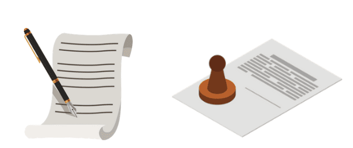 A pen writing on a scroll next to a document with a stamp.